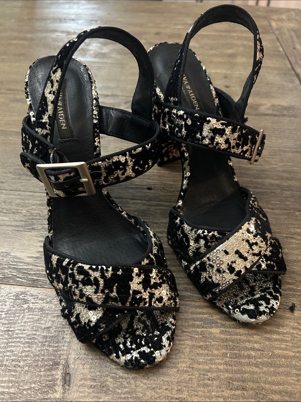 Ava & Aiden Black and Gold Sequin Crisscross Slingback side buckle Heels